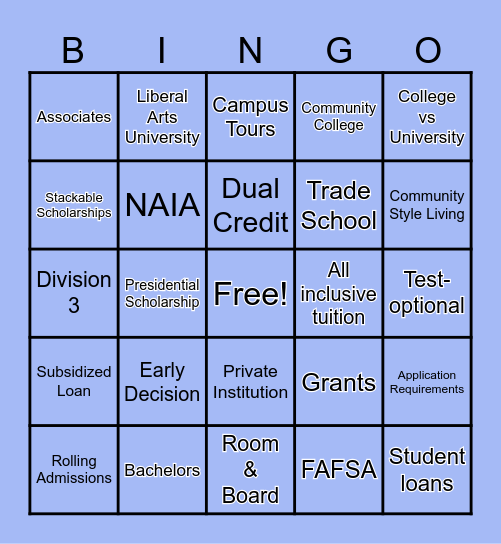 College Readiness BINGO Card