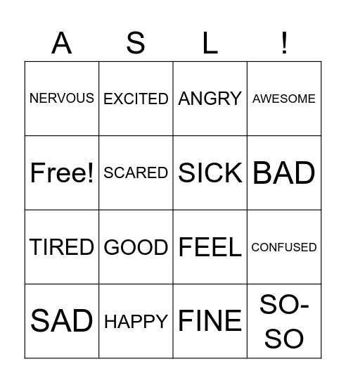 Emotions Bingo Card