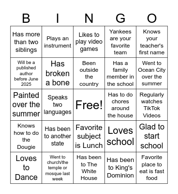 First Day of School Bingo Card