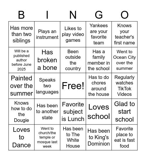 First Day of School Bingo Card