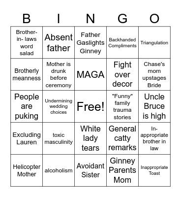 Fake Wedding Bingo Card