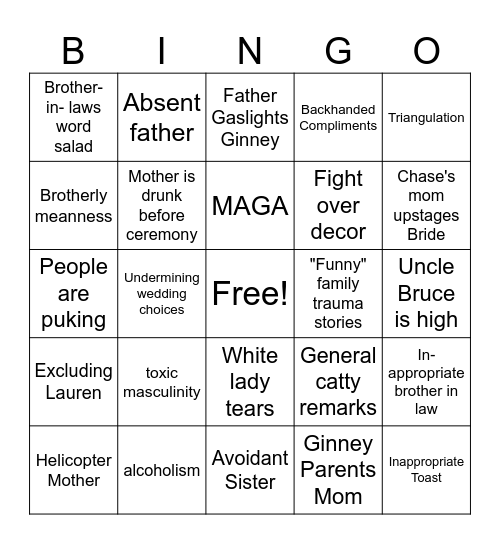 Fake Wedding Bingo Card
