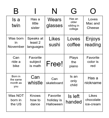 Get to Know You Bingo Card