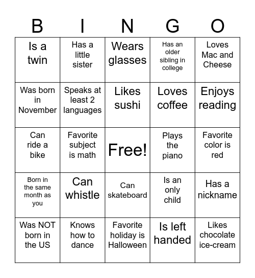 Get to Know You Bingo Card