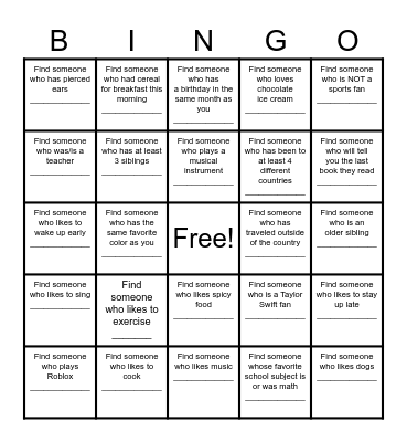 Find a Friend Bingo Card