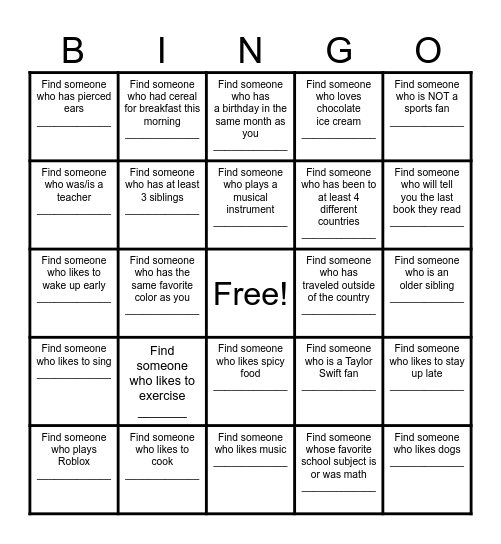 Find a Friend Bingo Card