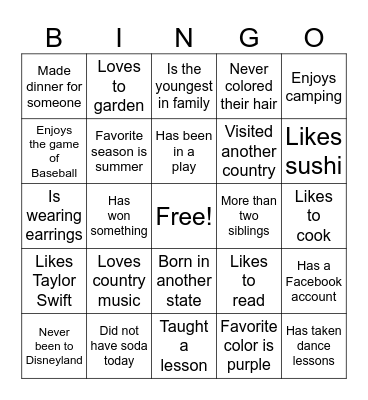 Get to Know You Bingo Card