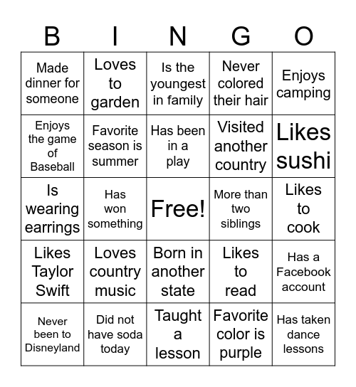 Get to Know You Bingo Card