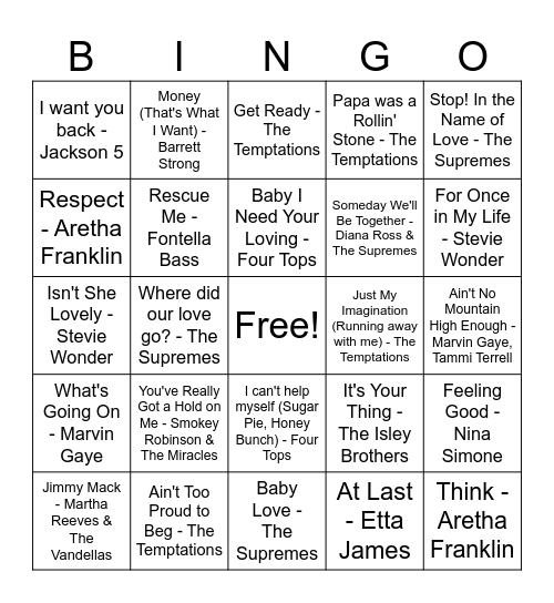 Motown Bingo Card