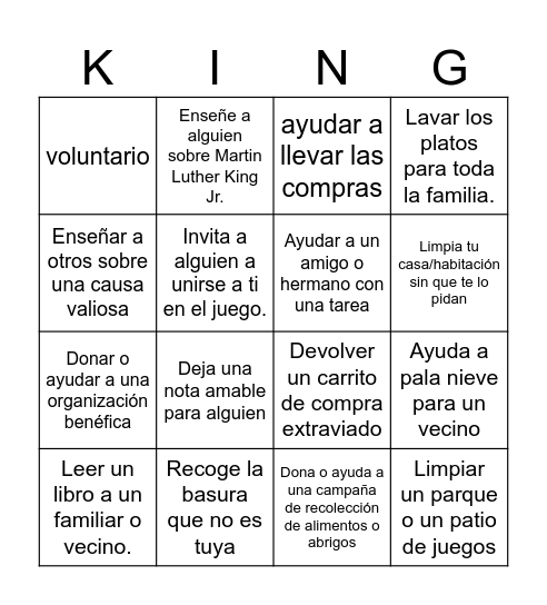 Martin Luther King Jr. Day Acts of Service Bingo Card