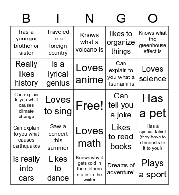 Welcome to Earth and Energy Bingo Game Bingo Card