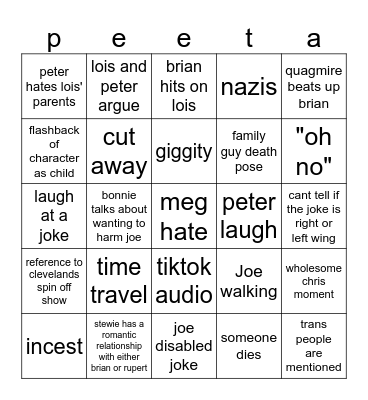Family Guy Bingo Card
