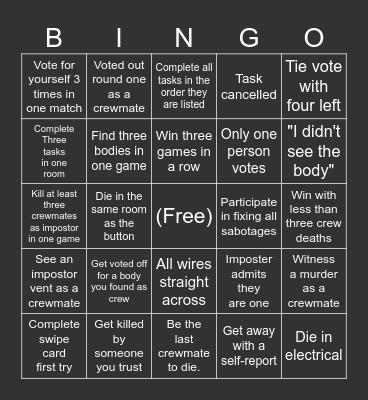 Among Us Bingo Card