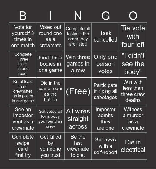 Among Us Bingo Card