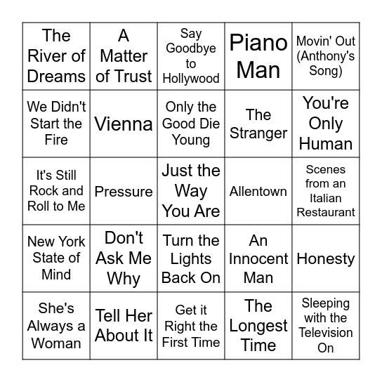 Billy Joel Bingo Card