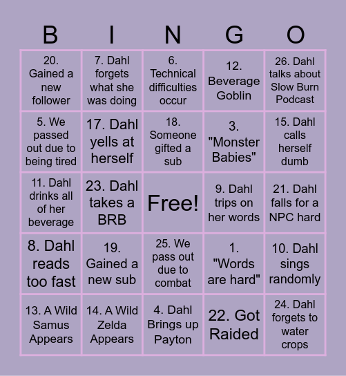 Dahlface88 Stream Bingo Card