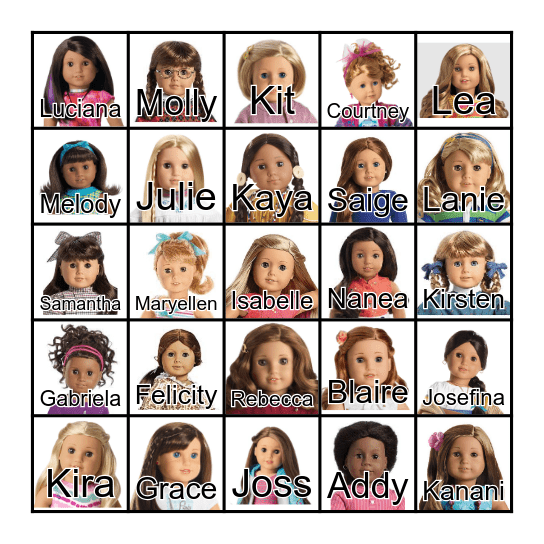 American Girl Doll Bingo Card