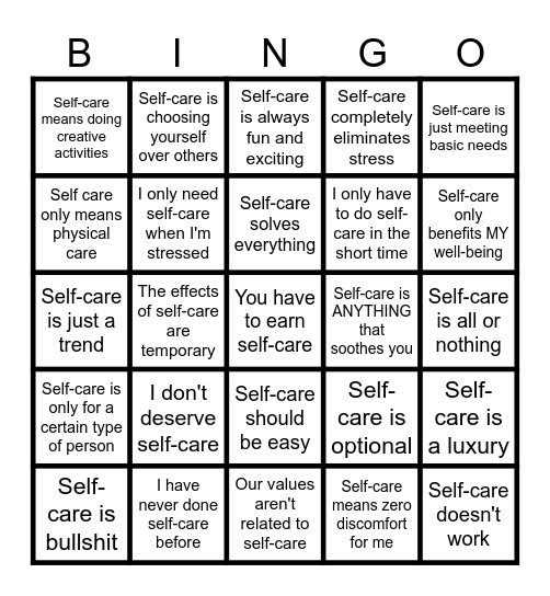 Self-Care Myths Bingo Card