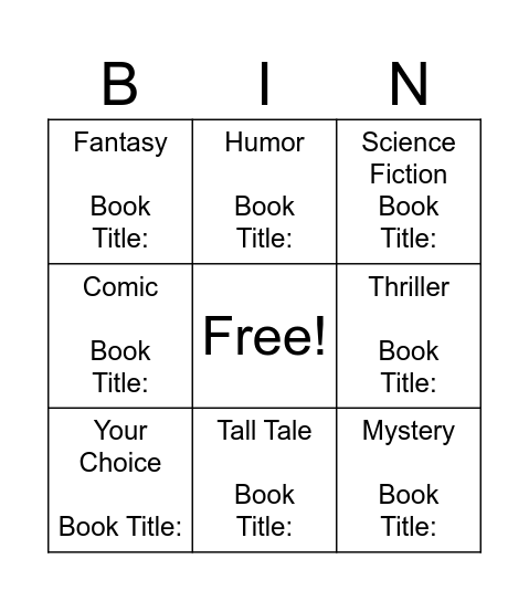 Book Genre Bingo Card