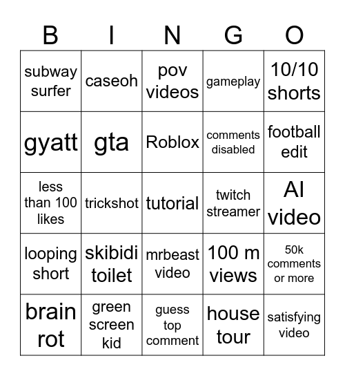 ytb shorts bingo Card