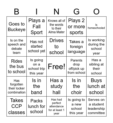 Back to School Bingo Card