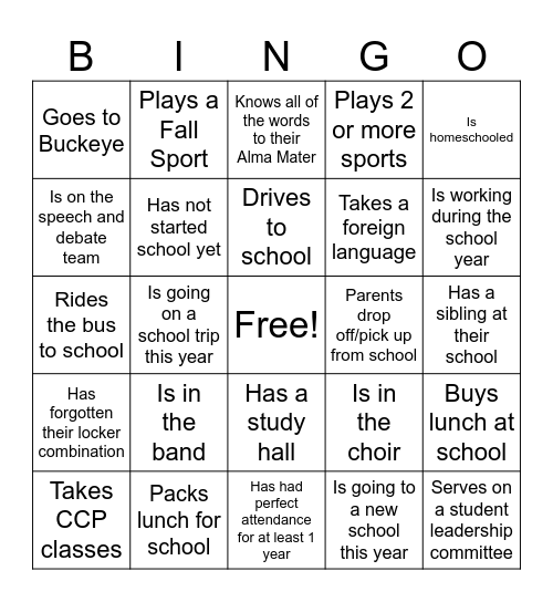 Back to School Bingo Card