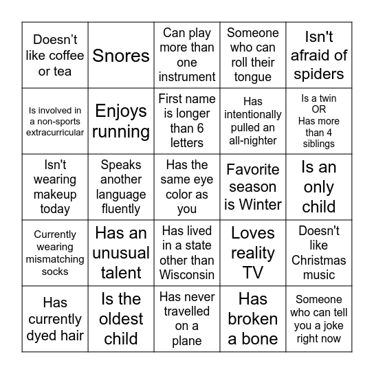 PERSON BINGO Card
