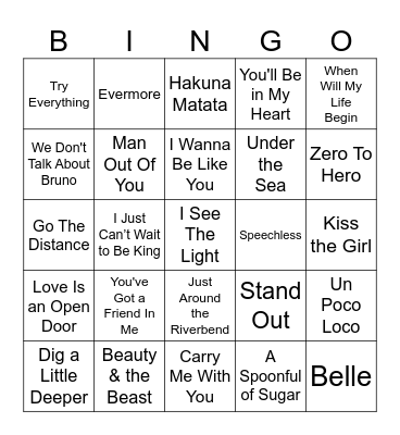 Disney Songs Bingo Card