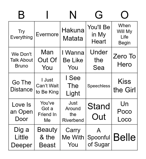 Disney Songs Bingo Card