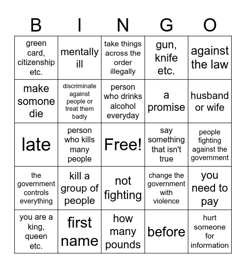 N-400 Vocabulary Bingo Card