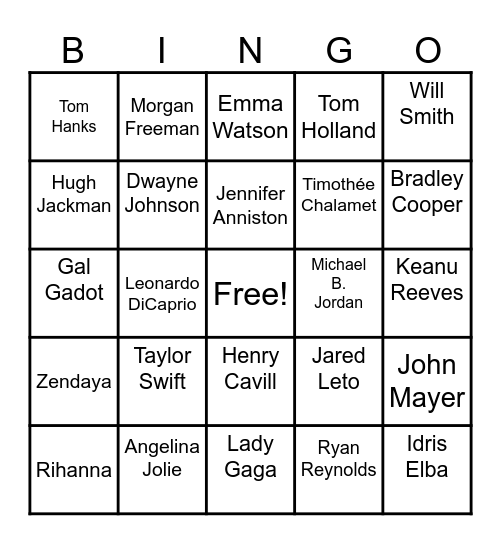 Celebrity Bingo Card