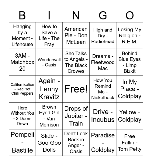 Easy Rock Bingo Card