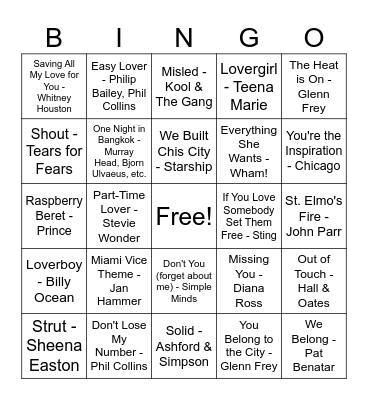 Top 100 Hits of 1985 Bingo Card