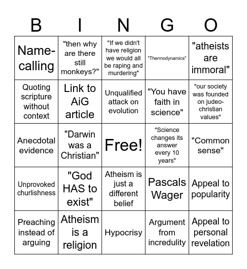 Shitty Theist Bingo Card