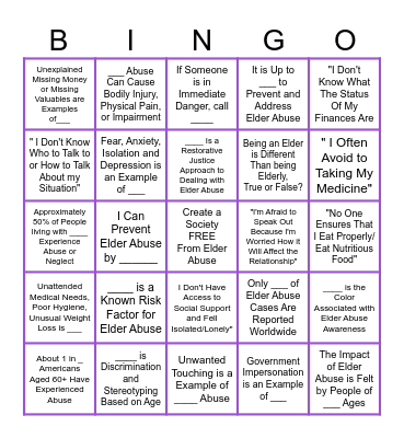 Elder Abuse Awareness BingoOnly 4% Bingo Card