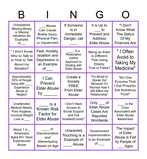 Elder Abuse Awareness BingoOnly 4% Bingo Card