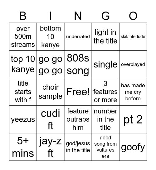 kanye Bingo Card