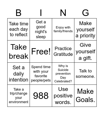 Suicide Prevention Awareness Bingo Card