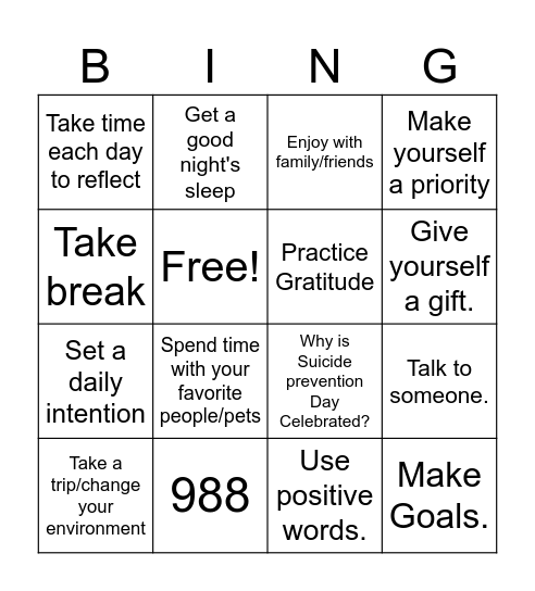 Suicide Prevention Awareness Bingo Card