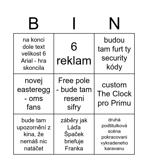 OMS: The Movie na TV Prima Bingo Card