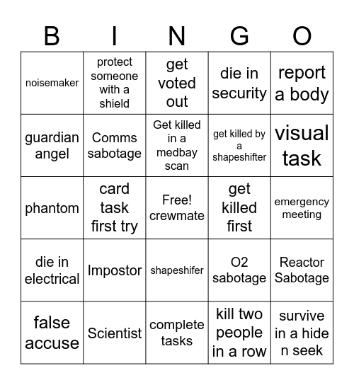 Among Us Bingo Card