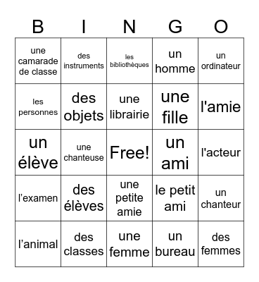 NGMS Unité 1A-nouns Bingo Card