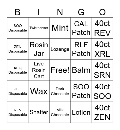 Product Category Bingo Card