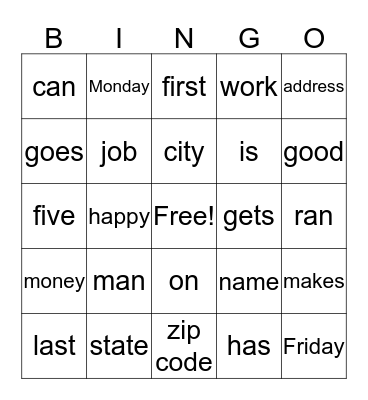 Max Has a Job & Name/Address Bingo Card