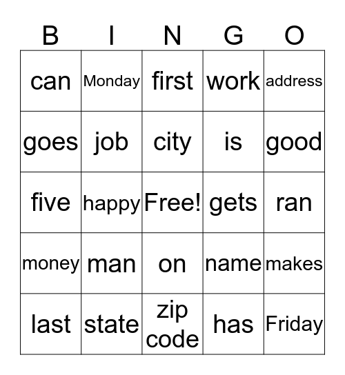 Max Has a Job & Name/Address Bingo Card