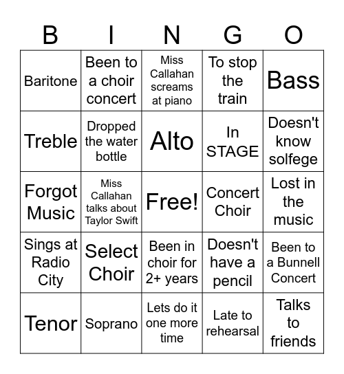 Bunnell Choir Bingo Card