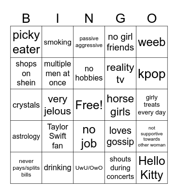 Girl Ick Bingo Card