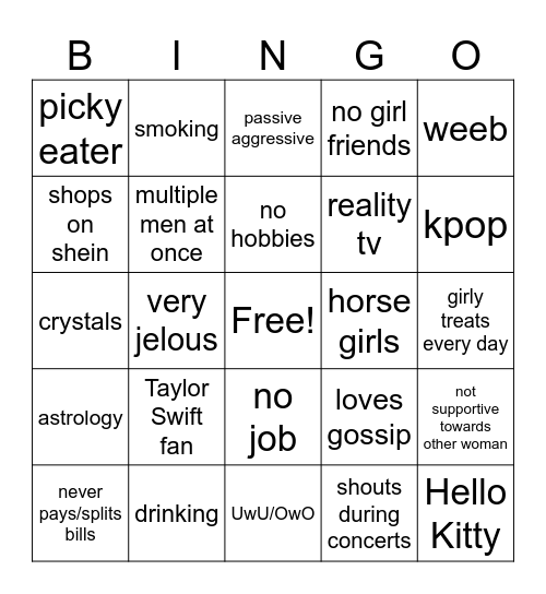 Girl Ick Bingo Card