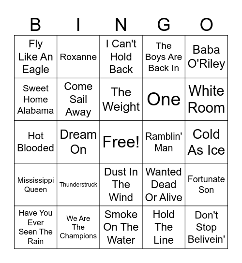 Classic Rock Bingo Card