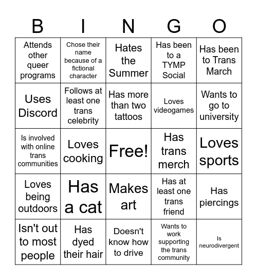 Trans Bingo - Find a participant who... Bingo Card